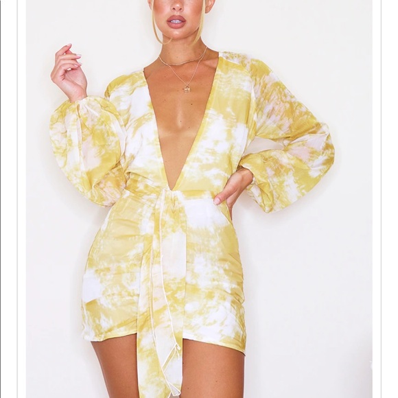 Chartreuse Tie Dye Chiffon Long Sleeve Bodycon - Picture 2 of 2